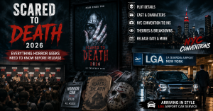 Promotional collage for the 2026 horror film "Scared to Death," featuring a masked face, NYC convention info, horror books, and an ad for LaGuardia Airport car service.