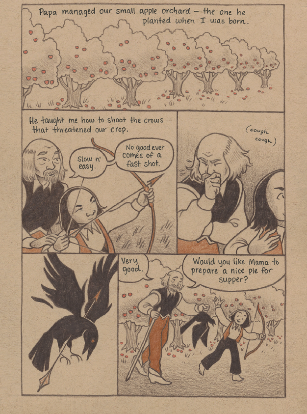 A child learns archery from their father in an apple orchard, shooting at crows to protect the crop; the father praises the child’s careful aim as they discuss having pie for supper.