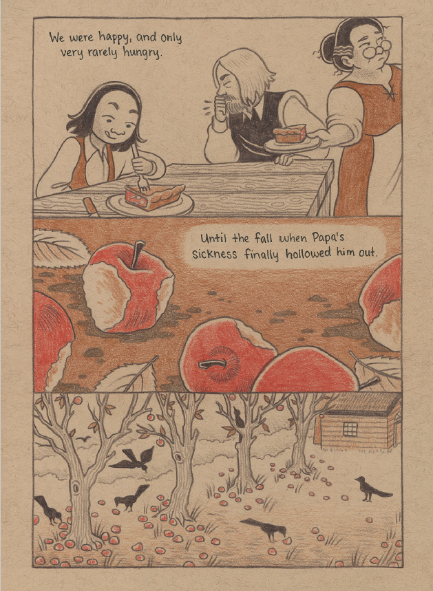 Three people sit at a table eating apples and bread. The next panels show apples on the ground, leafless trees, fallen apples, black birds, and a small house.