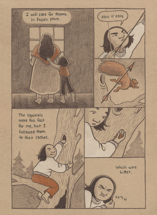 A child promises to care for their mother, tries and fails to hunt squirrels, then finds and eats bitter squirrel cache, shown in sepia-toned comic panels.
