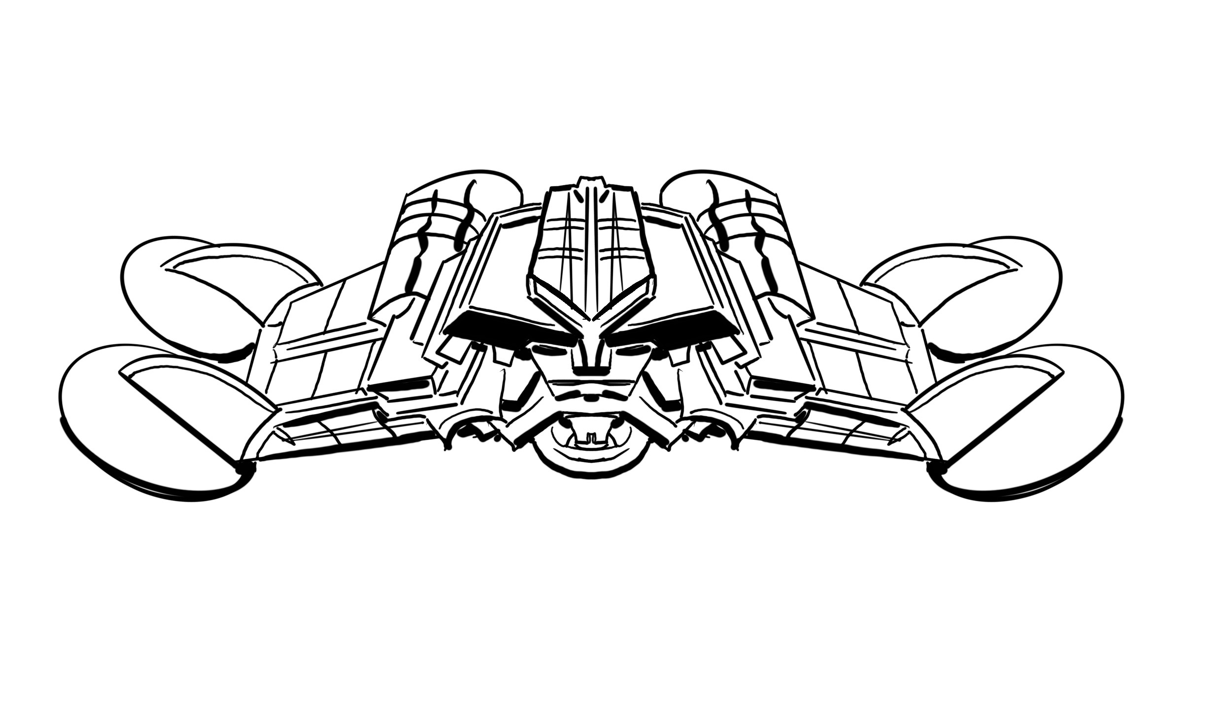 Black and white line drawing of a futuristic spaceship with a central face-like design and two large circular engines on each side.