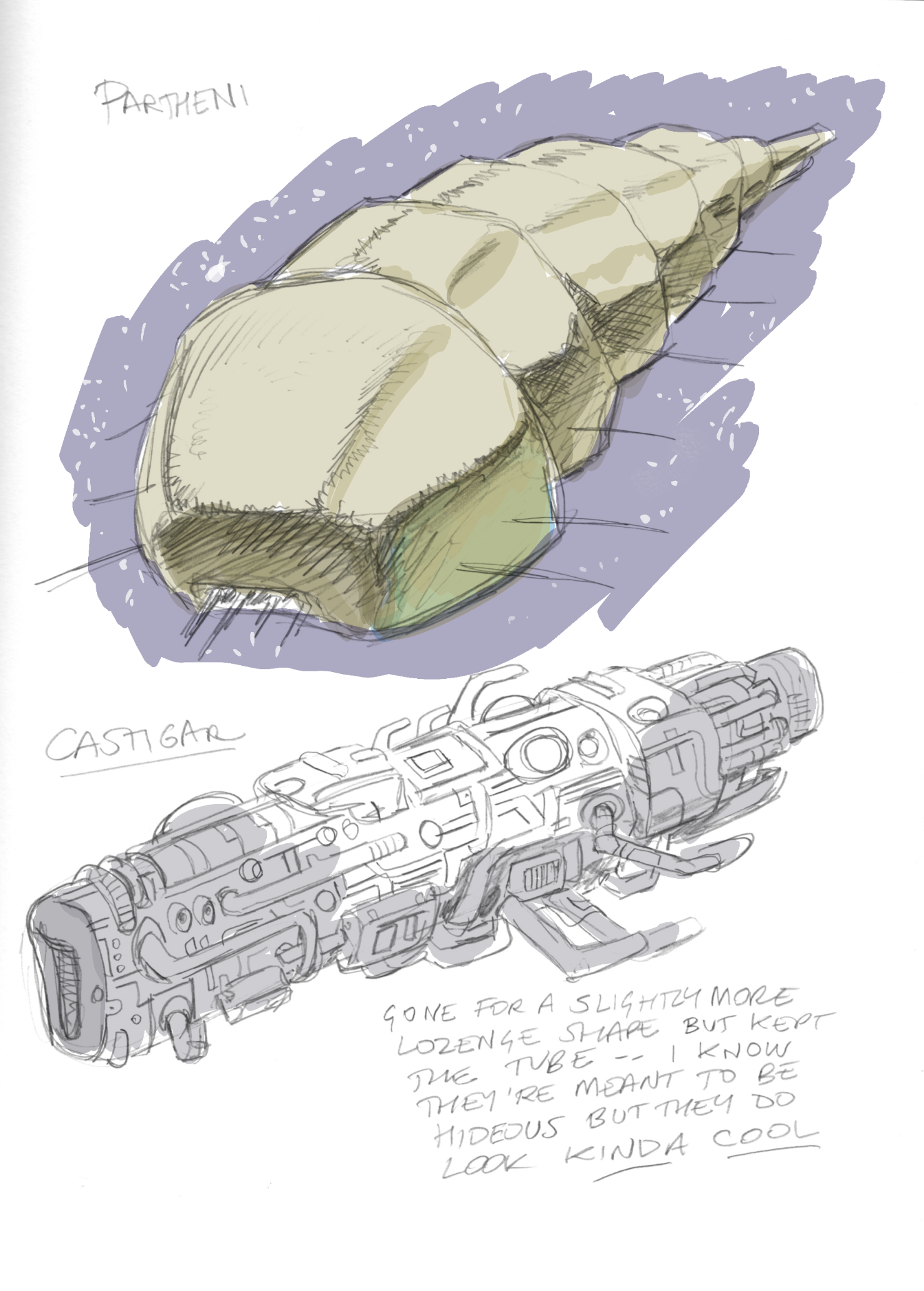 A sketch of two spaceship designs: one is smooth and organic labeled "Partheni," the other is angular and mechanical labeled "Castigar," with handwritten design notes.