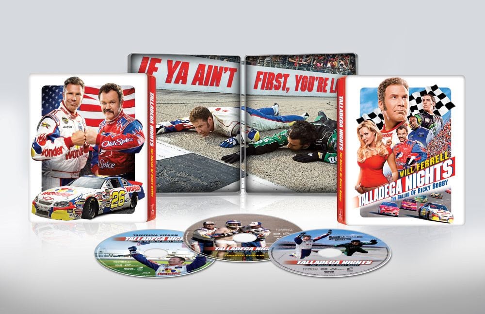 Blu-ray and DVD set of "Talladega Nights: The Ballad of Ricky Bobby," featuring cover art, character images, and multiple discs displayed.