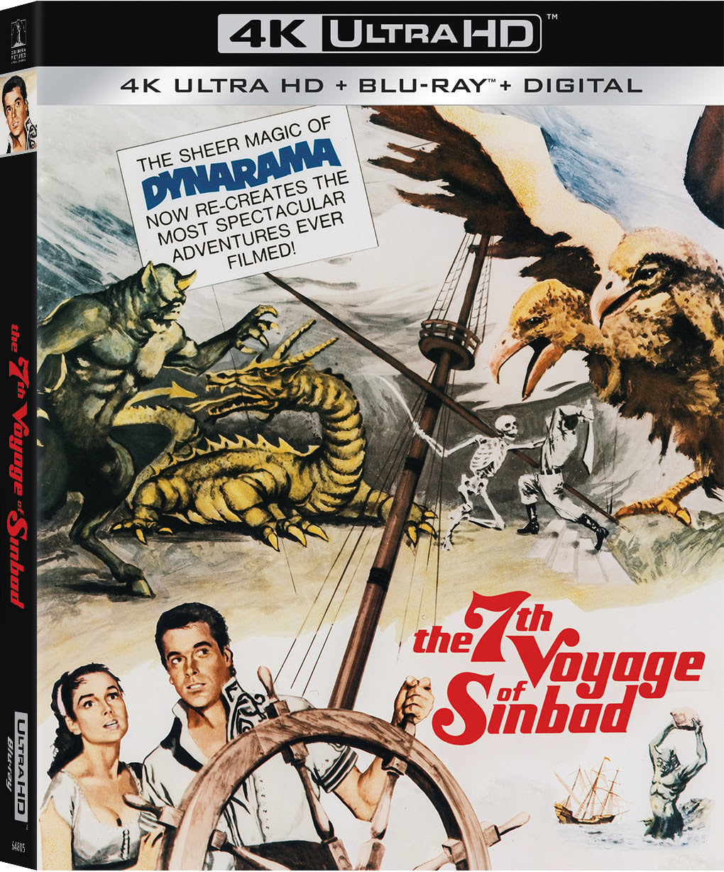 4K Ultra HD Blu-ray cover for "The 7th Voyage of Sinbad" featuring illustrated characters, fantastical creatures, and a ship's mast, with promotional text about the film's effects.