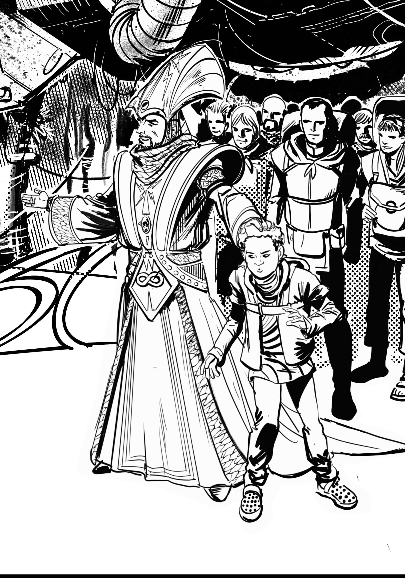 A robed figure in ornate headwear stands with one arm outstretched beside a child, with a group of people gathered in the background in a detailed, black-and-white scene.