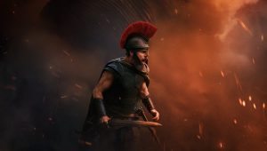 A warrior in ancient armor with a red crest helmet holds a sword, standing amid smoke and sparks in a dramatic battle scene.