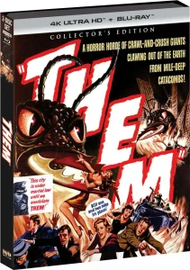 Box art for the movie “Them!” shows giant ants attacking panicked people, with bold red title text and dramatic taglines about chaos and destruction.