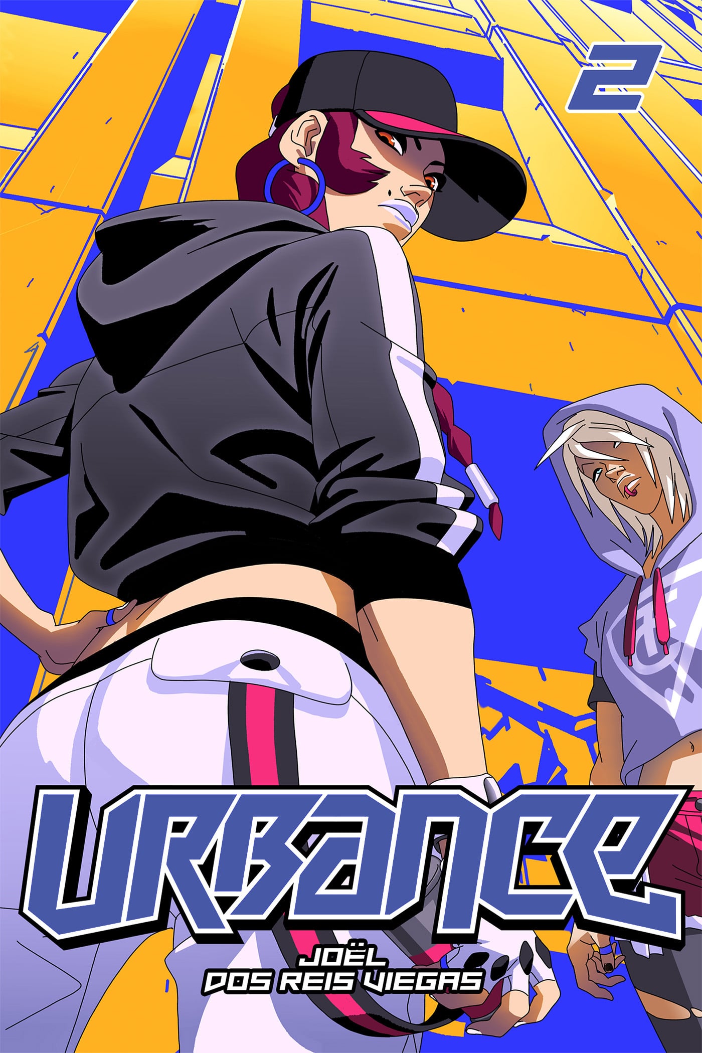 Two animated characters in sporty outfits stand in front of a yellow and blue urban background; the cover reads "Urbance 2" by Joël Dos Reis Viegas.