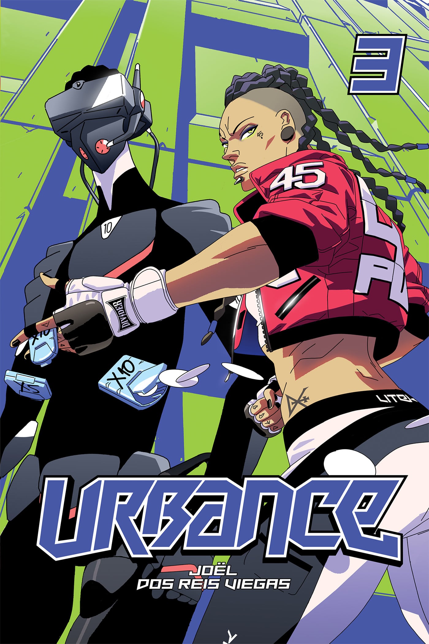 Two futuristic characters stand back-to-back in dynamic poses, one in a red jacket with braids, the other in a black suit with a visor. The background features bold geometric shapes and the number 3.