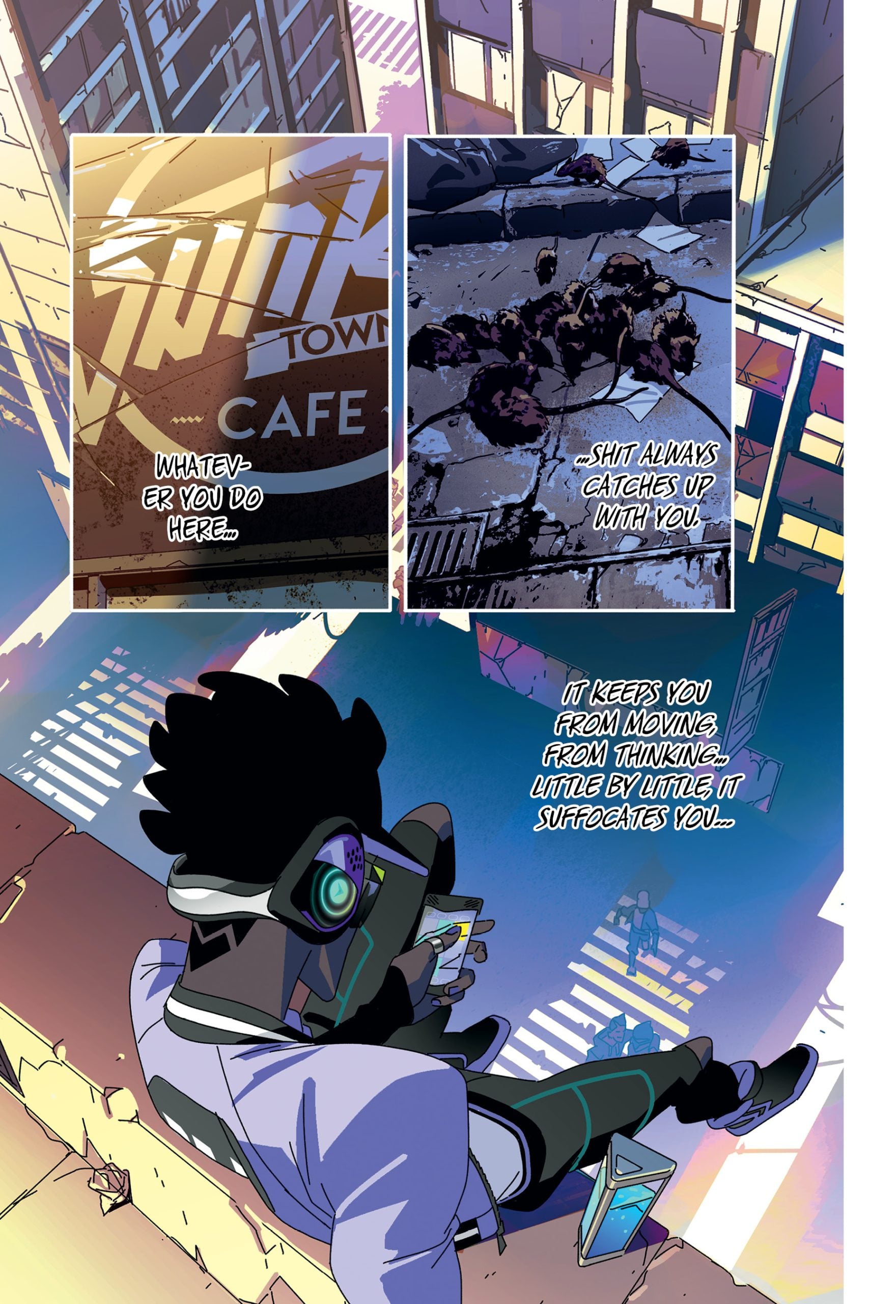 A person wearing headphones sits on a rooftop ledge, overlooking a street, with comic-style narration and debris scattered below.