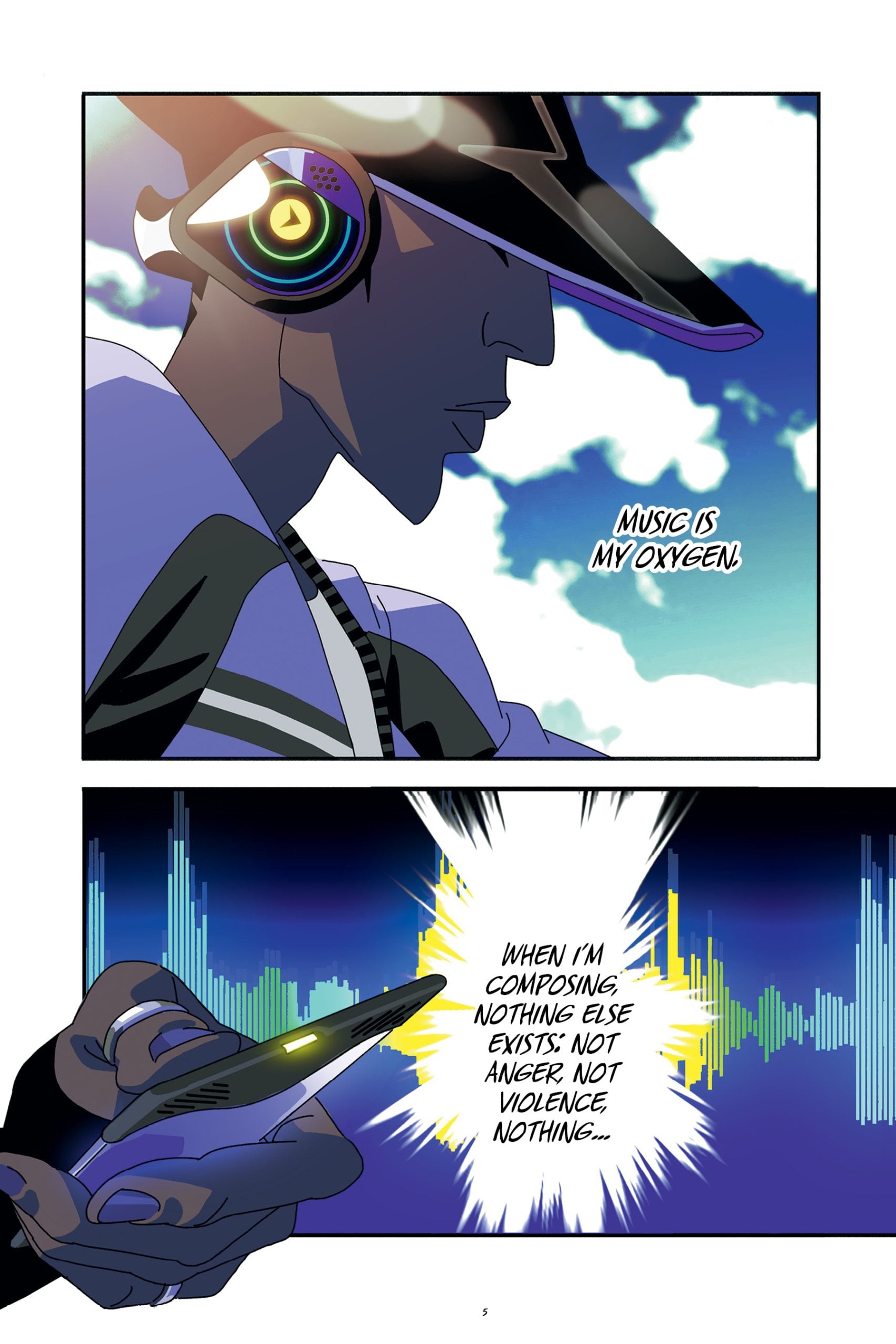 A person wearing headphones and a cap listens to music, with the text "Music is my oxygen" and "When I'm composing, nothing else exists; not anger, not violence, nothing..." shown.