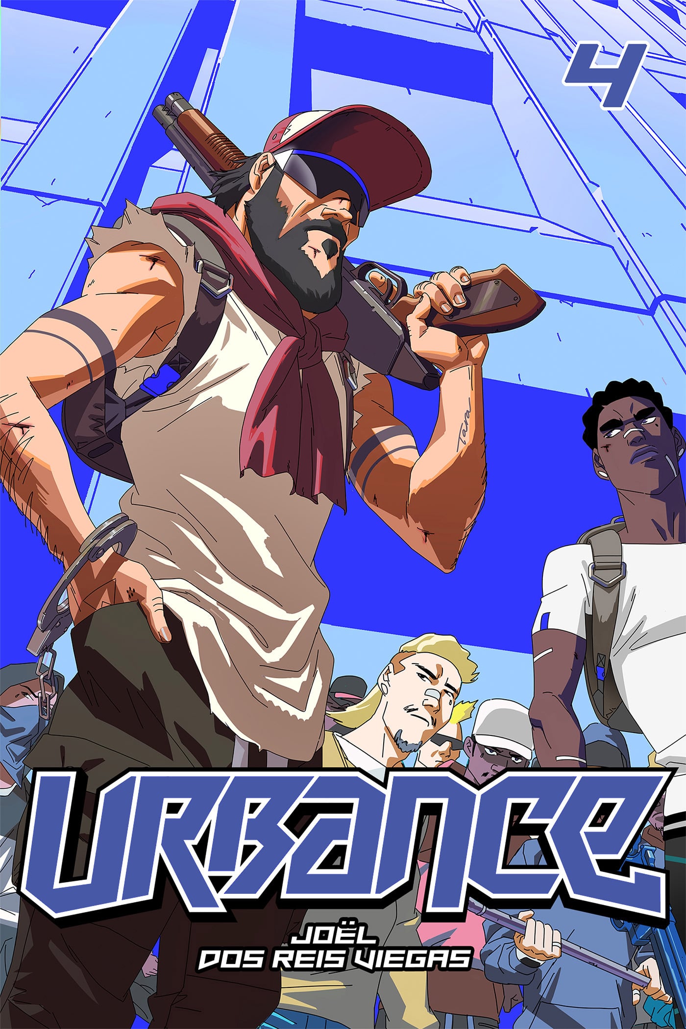 Comic book cover showing a muscular man with sunglasses, a backpack, and a bat, standing in front of a tall building with a group of people; title reads "Urbance.