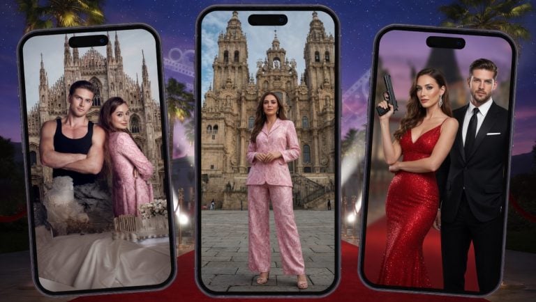 Why Short-Form Romance Dramas Are Built Around Cast Chemistry Three smartphone screens display a couple in formal attire, a woman in pink in front of a cathedral, and a woman in red holding a gun with a suited man, all set against a glamorous backdrop.