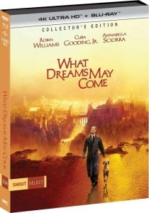 Blu-ray cover of "What Dreams May Come" showing a man and a dog walking on a surreal, painted landscape, with the names Robin Williams, Cuba Gooding Jr., and Annabella Sciorra featured.