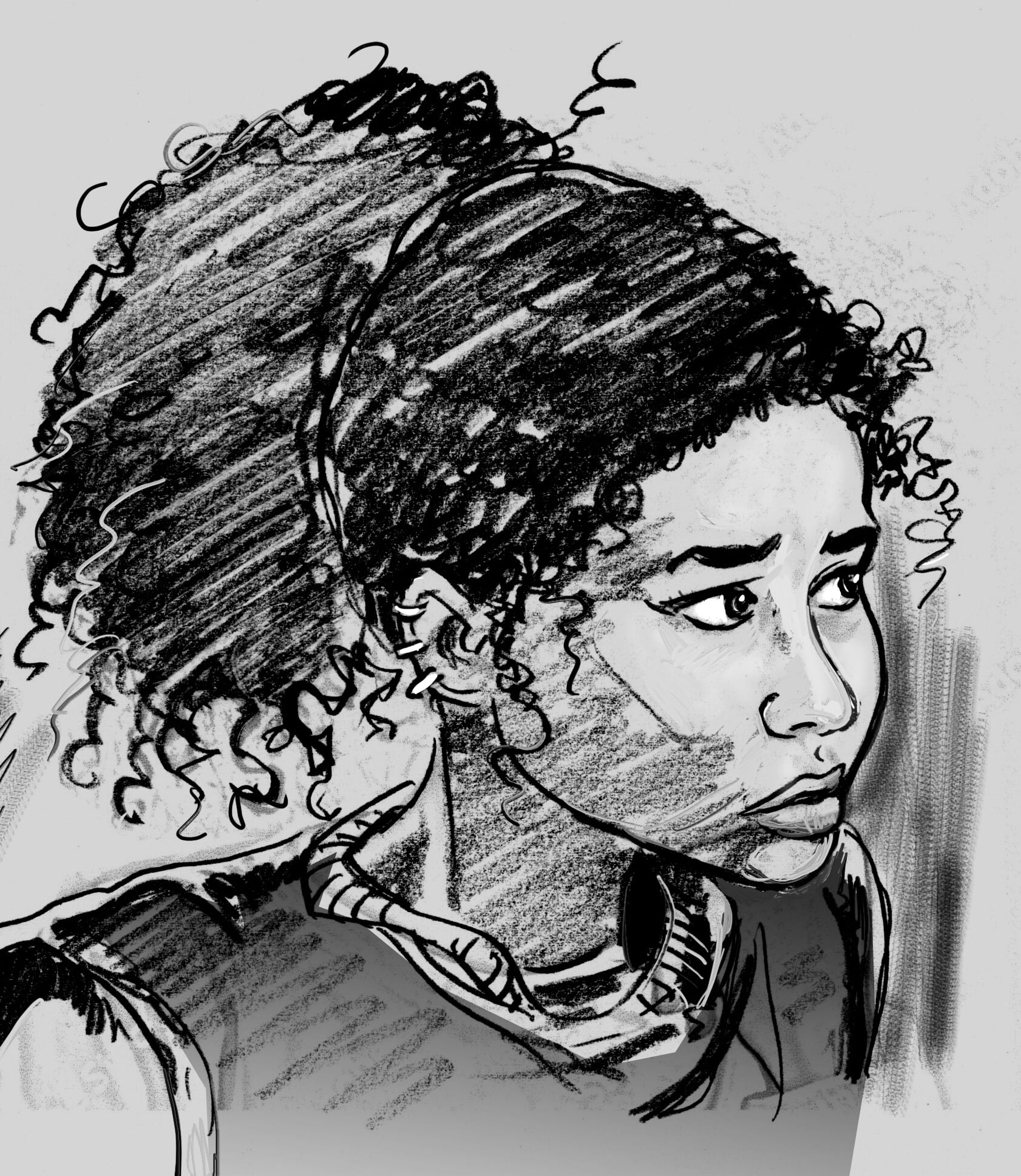 Black and white sketch of a young person with curly hair in a ponytail, looking slightly to the side with a serious expression.