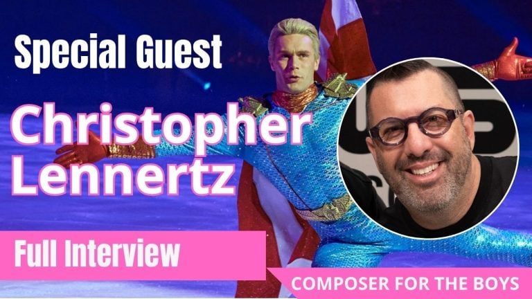 A promotional image for a full interview with special guest Christopher Lennertz, composer for "The Boys," featuring his photo and a costumed performer in the background.
