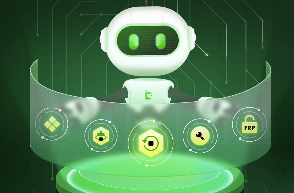 A green and white robot stands behind a transparent digital interface displaying icons for file management, printing, repair, and unlocking functions on a futuristic green background.