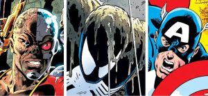 Comic book illustration featuring Cyborg, Venom covered in sand, and Captain America, each shown in close-up with intense facial expressions.