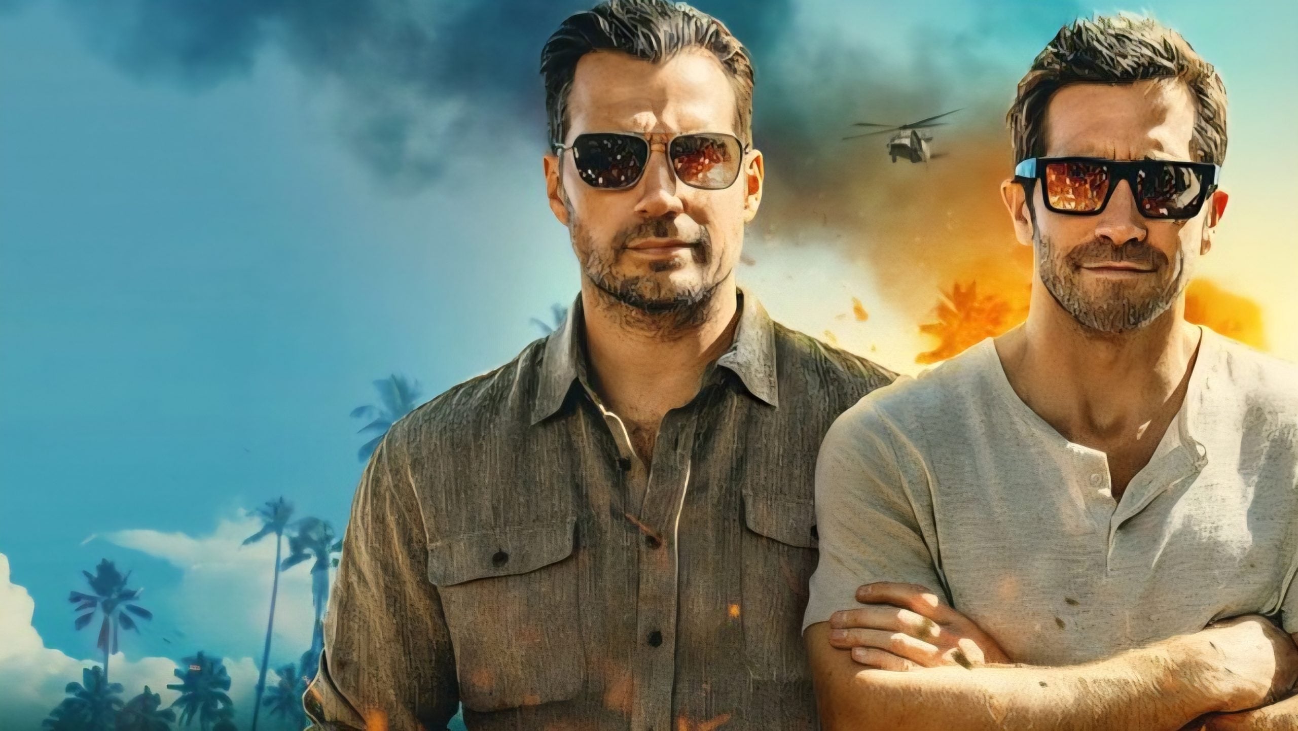 Two men wearing sunglasses stand side by side with a tropical background, smoke, palm trees, and a helicopter in the sky.