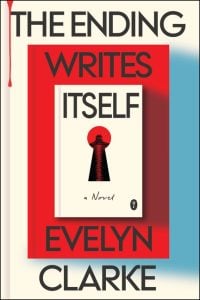 Book cover for "The Ending Writes Itself" by Evelyn Clarke, featuring a lighthouse silhouette against a red sun within a keyhole shape on a red, white, and blue background.