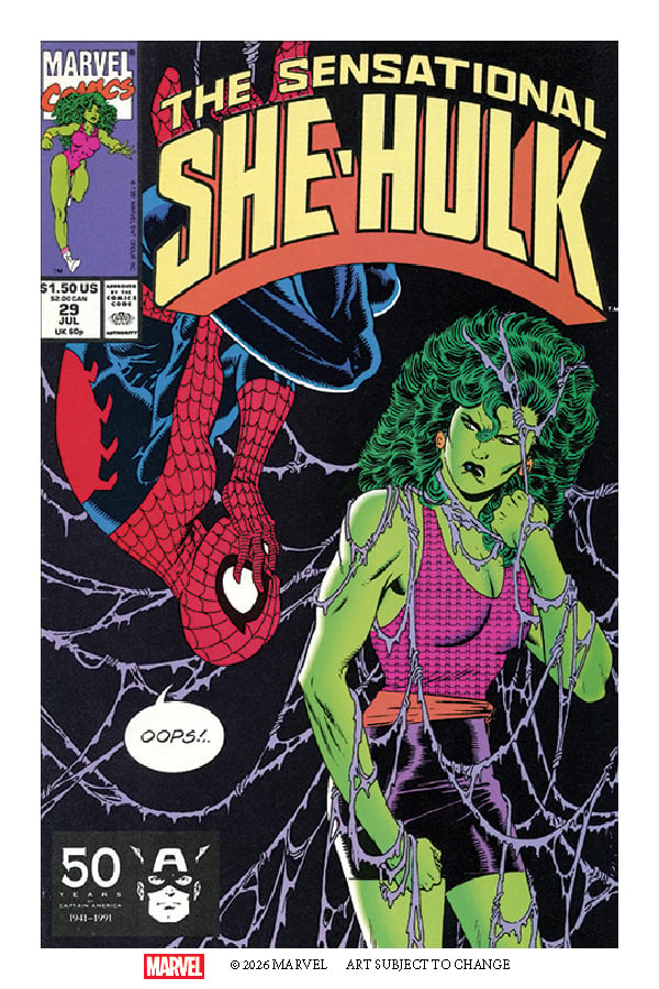 Comic book cover showing She-Hulk tangled in Spider-Man’s web