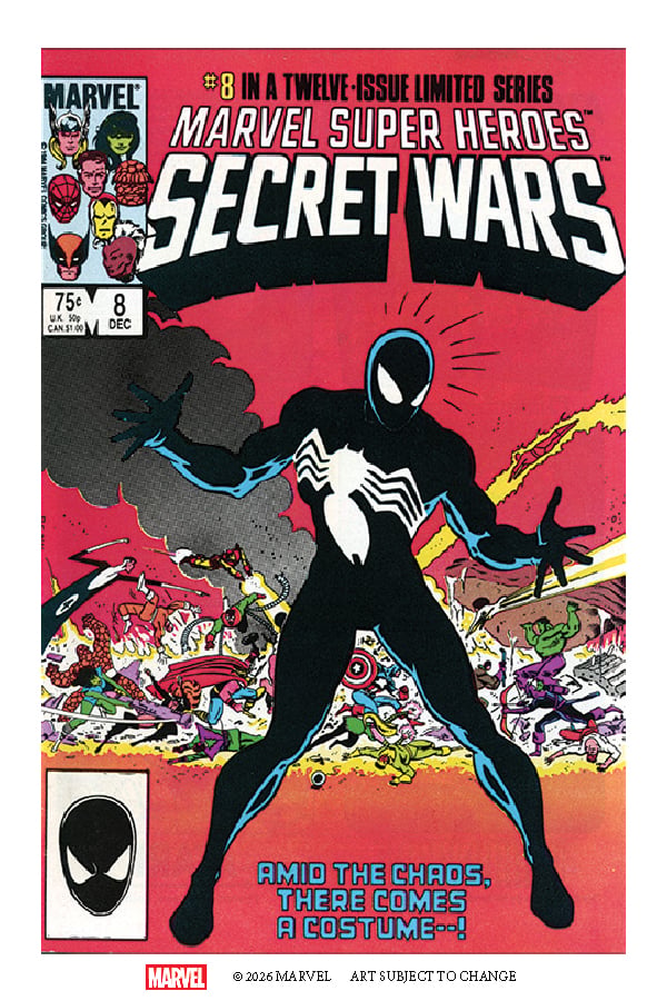 Marvel Super Heroes Secret Wars #8 cover featuring black suit Spider-Man
