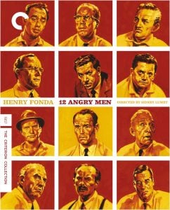Grid of illustrated portraits of twelve men against a red background, with text: "Henry Fonda, 12 Angry Men, Directed by Sidney Lumet, The Criterion Collection.