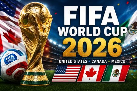 FIFA World Cup 2026 logo with trophy, flags of the US, Canada, and Mexico, soccer ball, and stadium background. Host countries: United States, Canada, and Mexico.