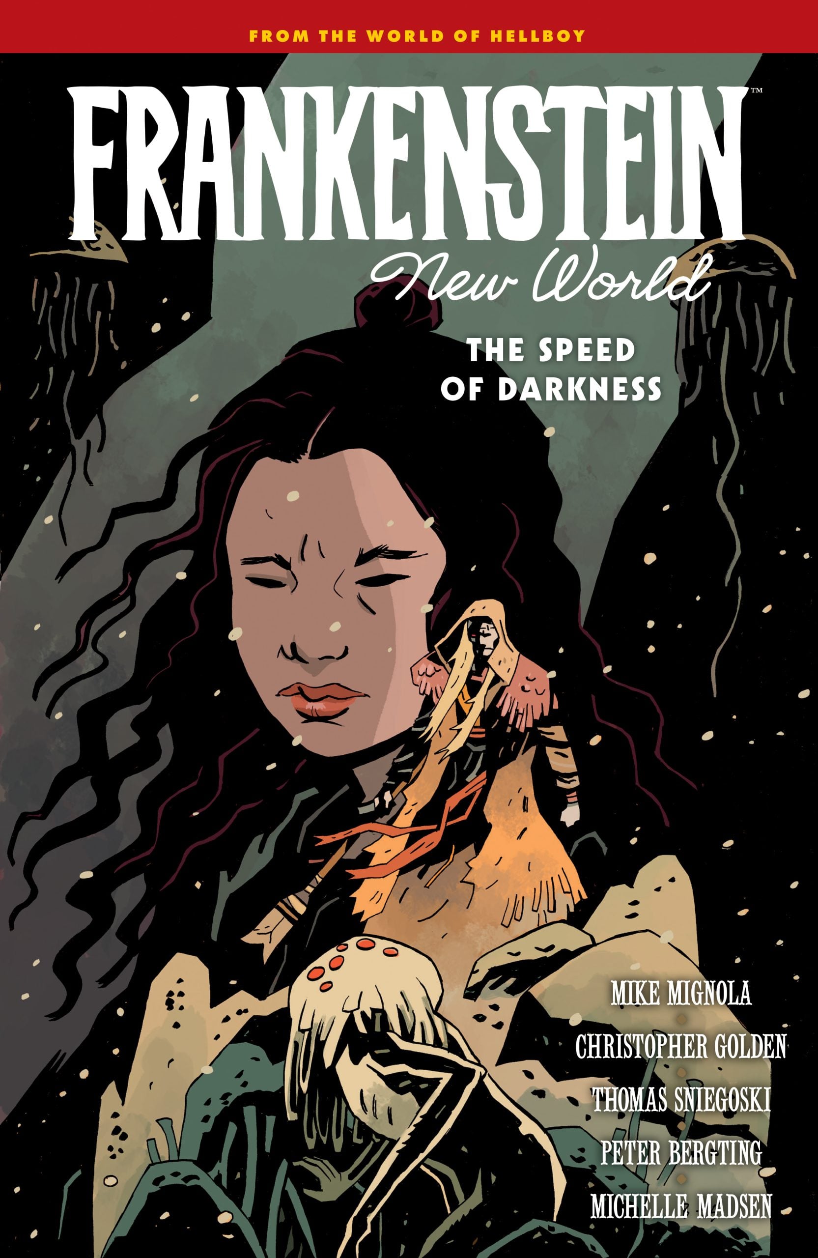 Comic book cover showing a woman with closed eyes surrounded by dark, abstract shapes, with smaller figures and text: "Frankenstein New World: The Speed of Darkness.
