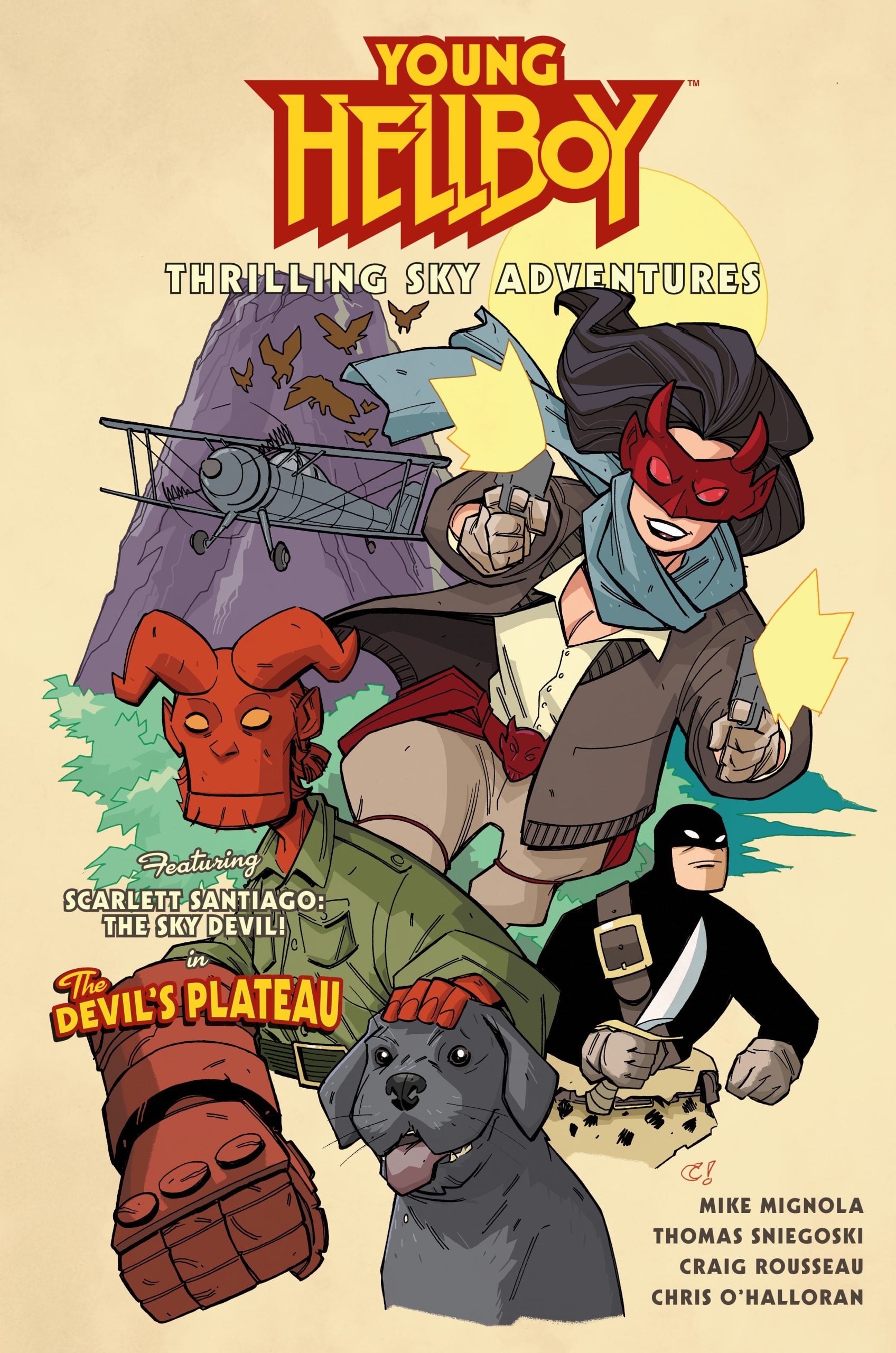 Comic book cover featuring Young Hellboy, Scarlet Santiago, a dog, a plane, and a villain in black. Title reads "Young Hellboy: Thrilling Sky Adventures - The Devil's Plateau.