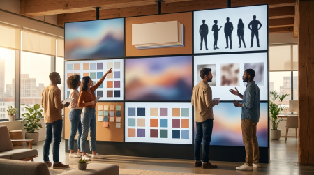 Why Visual Direction Is Becoming The Real Skill In AI Image Creation Five people discuss and review color palettes and blurred images on a large wall display in a modern office with city views.