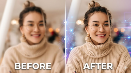 How AI Image And Video Enhancers Are Changing Digital Content Creation Side-by-side image of a woman wearing glasses and a beige sweater; left side is blurry labeled "Before," right side is clear labeled "After" with AI graphics.