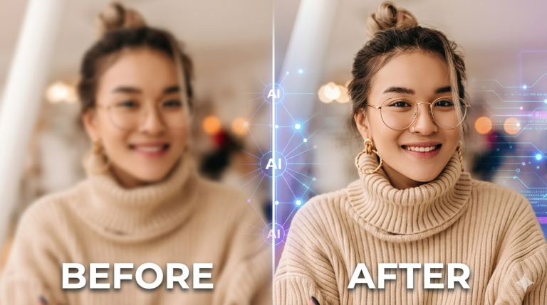 Side-by-side image of a woman wearing glasses and a beige sweater; left side is blurry labeled "Before," right side is clear labeled "After" with AI graphics.