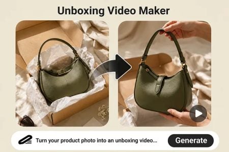 How AI Unboxing Videos Turn Product Reveals Into Better Buyer Moments A green handbag is shown in a gift box on the left and being held up on the right, with an arrow between them and the text "Unboxing Video Maker" at the top.