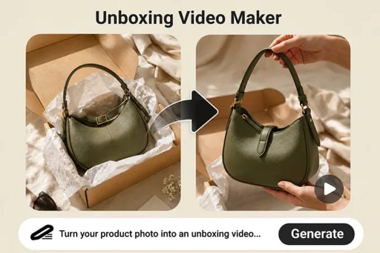 A green handbag is shown in a gift box on the left and being held up on the right, with an arrow between them and the text "Unboxing Video Maker" at the top.