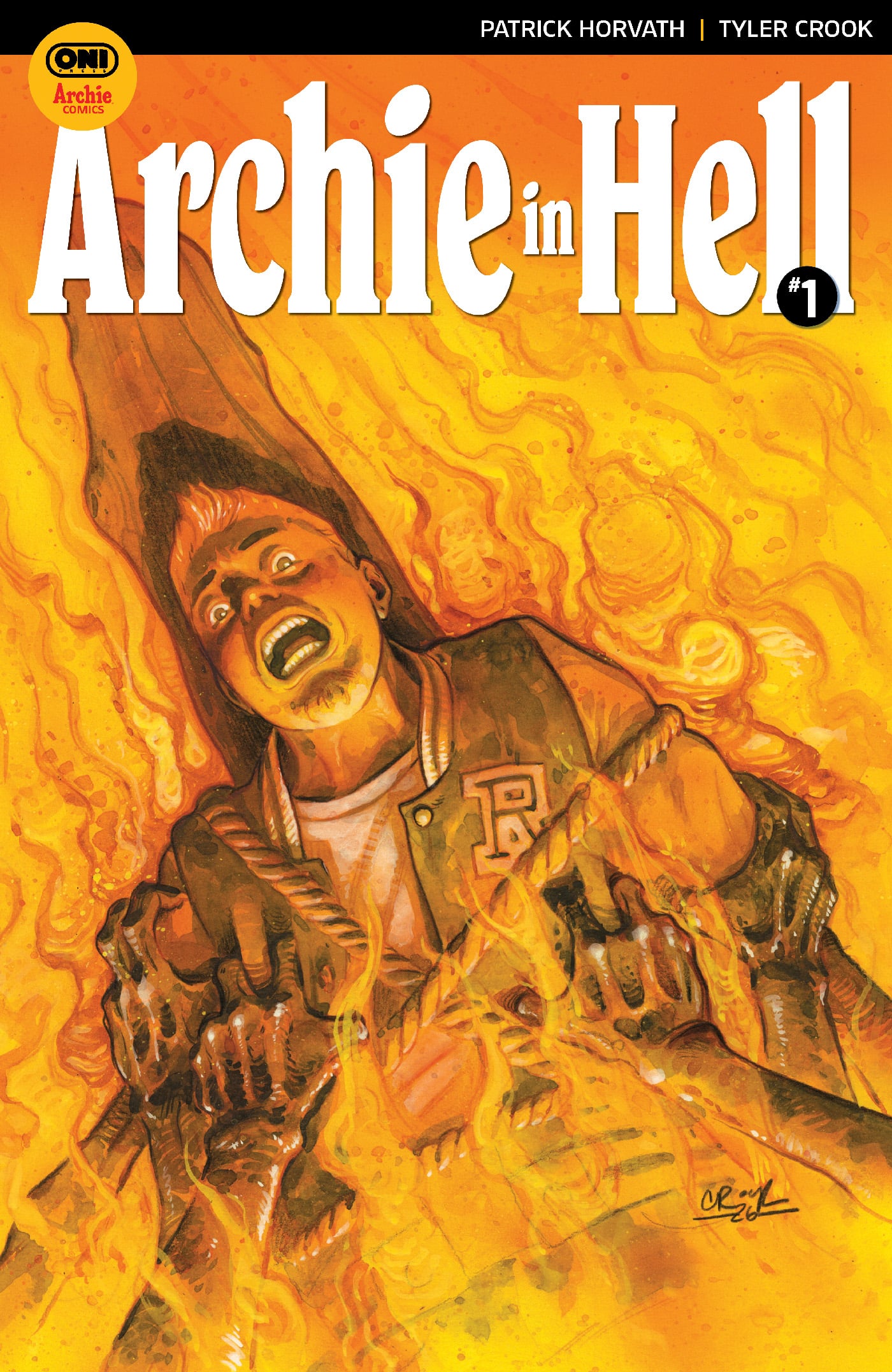 A comic book cover titled "Archie in Hell" shows a frightened teen in a letterman jacket being grabbed by fiery hands, surrounded by intense orange flames.