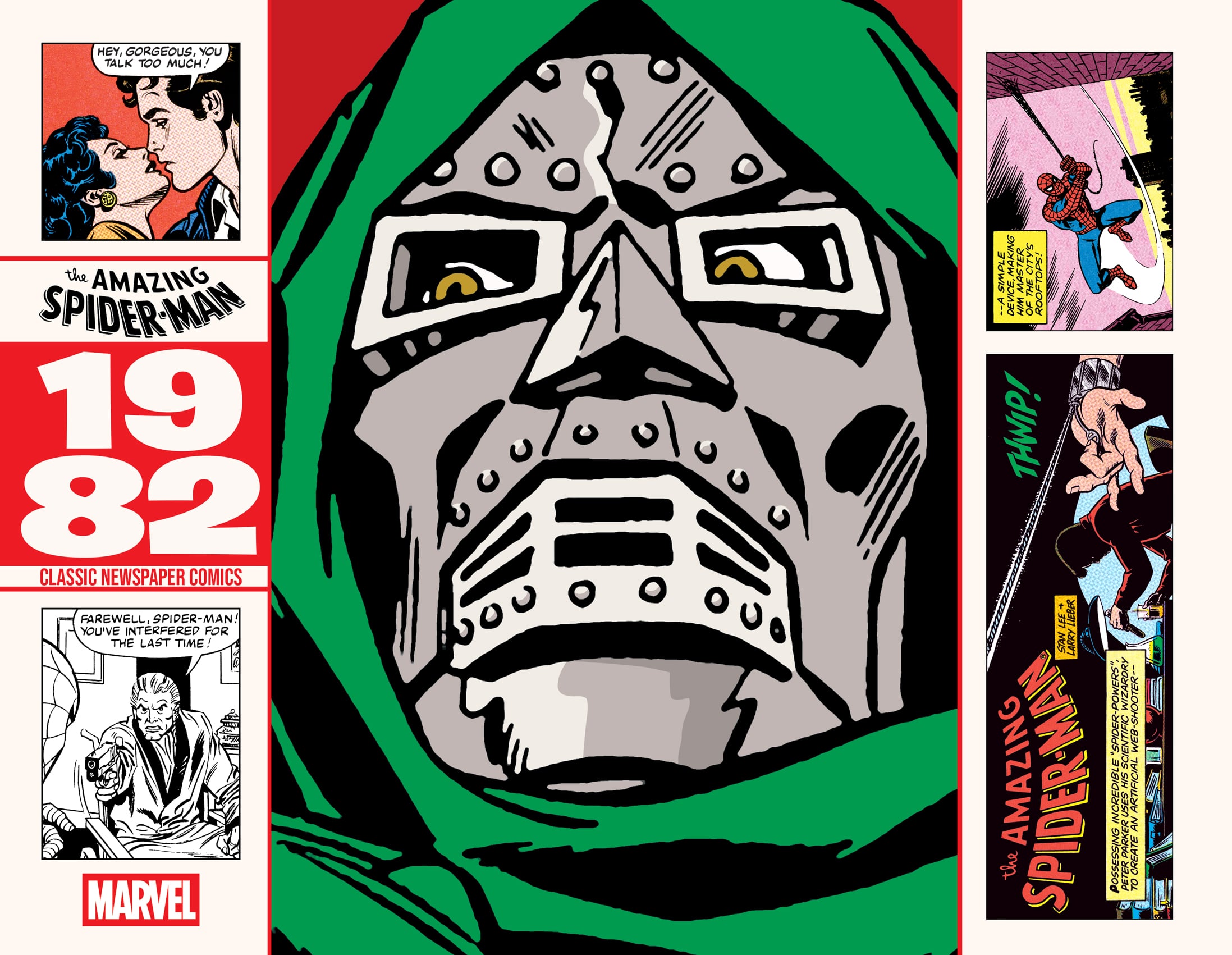 Collage featuring Doctor Doom's face, Spider-Man comic panels, 
