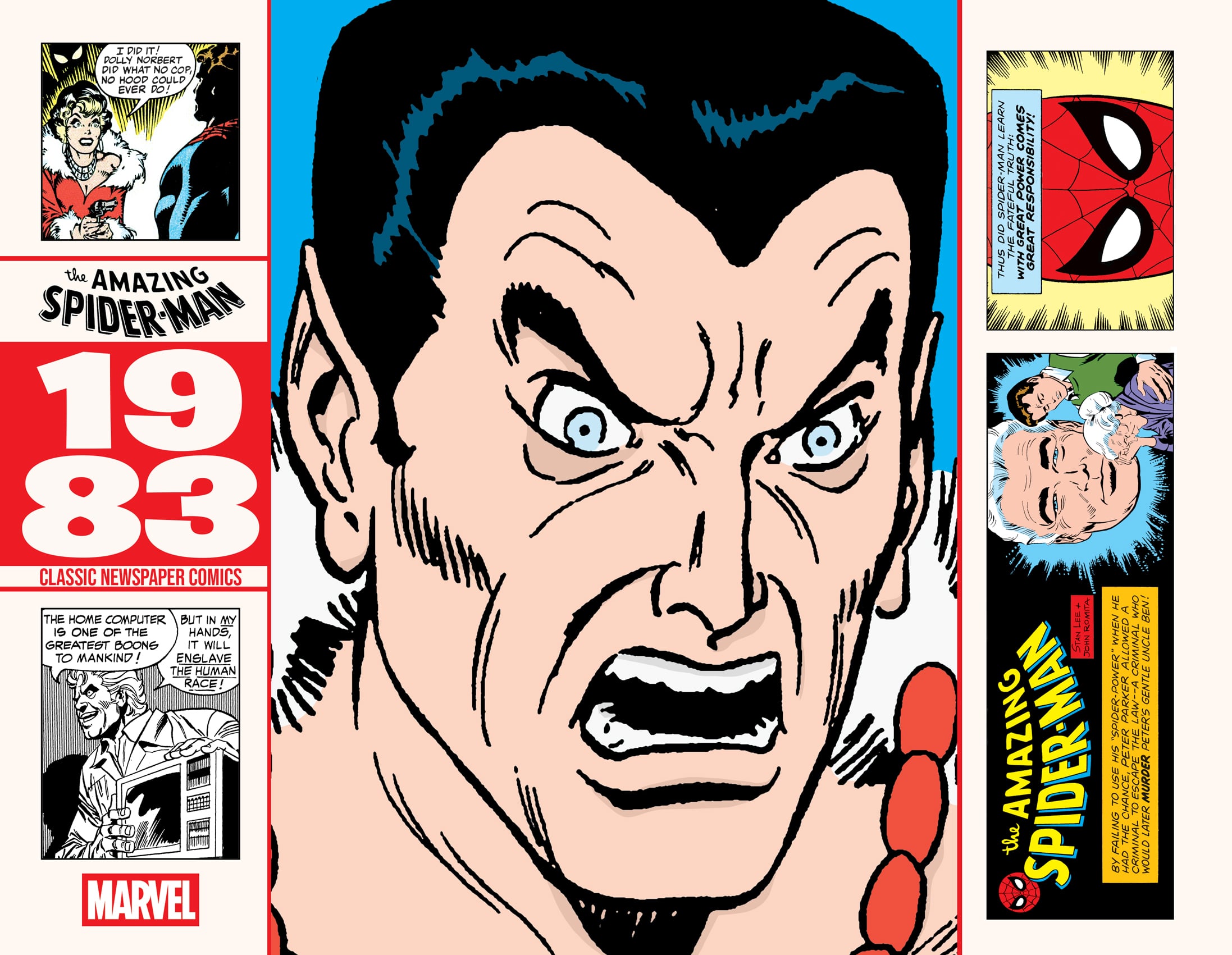 Comic book cover with a close-up of an angry man, The Amazing Spider-Man logo, 1983 date, and several Spider-Man themed comic panels and logos around the edges.