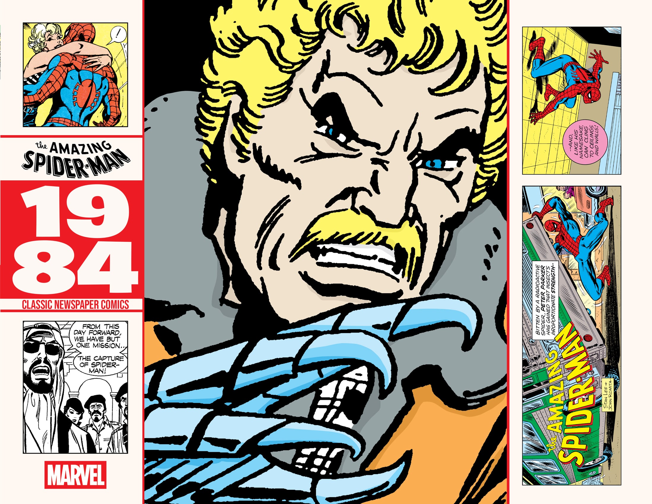 Comic book cover featuring a close-up of a blond man with blue eyes and sharp metal claws, with smaller Spider-Man comic panels and “1984 Classic Newspaper Comics” text on the sides.