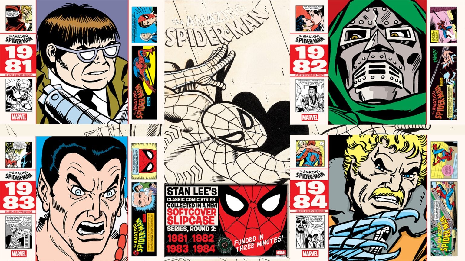 GVN Talking Comics Exclusive: Stan Lee’s Amazing Spider-Man Daily & Sunday Newspaper Strips Collage of Spider-Man comic book covers from 1981 to 1984, featuring Spider-Man, villains, and Stan Lee’s Marvel branding.