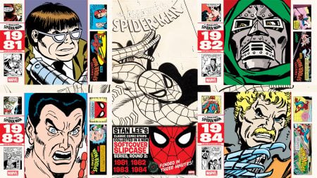 GVN Talking Comics Exclusive: Stan Lee’s Amazing Spider-Man Daily & Sunday Newspaper Strips Collage of Spider-Man comic book covers from 1981 to 1984, featuring Spider-Man, villains, and Stan Lee’s Marvel branding.