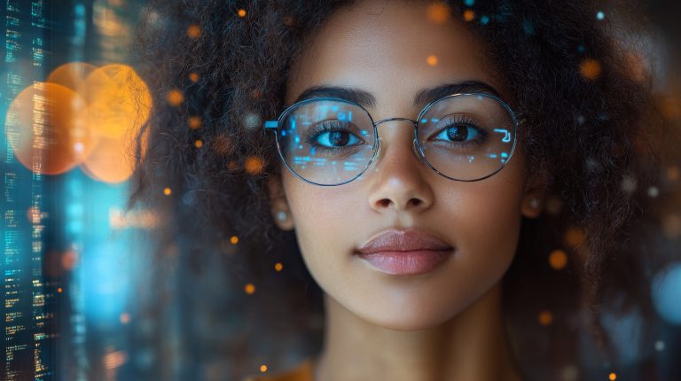How To Create A Personal AI Avatar That Represents You Online Young woman with glasses looks directly at the camera, with digital graphics and orange lights reflected around her face, suggesting a technology-focused environment.