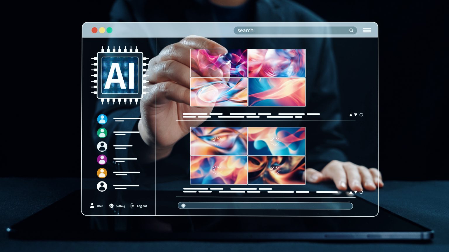 How Multi-Model AI Image Platforms Are Changing Creative Workflows A person interacts with a transparent digital interface displaying AI-generated abstract images and user profile icons on a tablet.