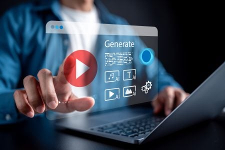 Person using a laptop, interacting with a virtual screen displaying AI-generated content options like music, text, image, and video.