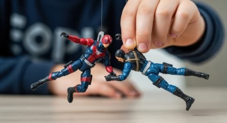 Screen-Free Fun: Why Traditional Toys Still Matter In A Digital Age A child’s hand holds two action figures posed as if they are fighting, with both figures suspended above a tabletop.
