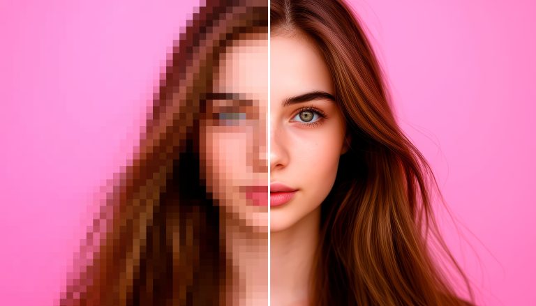 A split image of a woman's face against a pink background; the left side is pixelated, while the right side is clear and detailed.