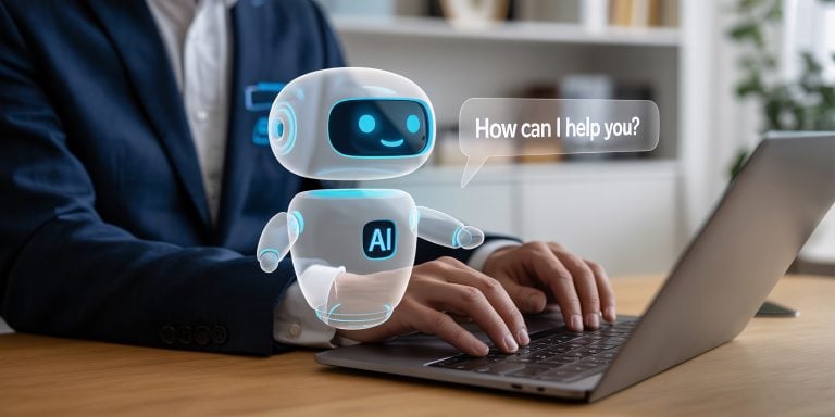 How AI Is Making One-Person Startups, Solo Founders, And Ecommerce Entrepreneurs As Powerful As Teams of Ten A person types on a laptop with a digital AI robot hologram above the keyboard displaying a speech bubble that says, "How can I help you?.