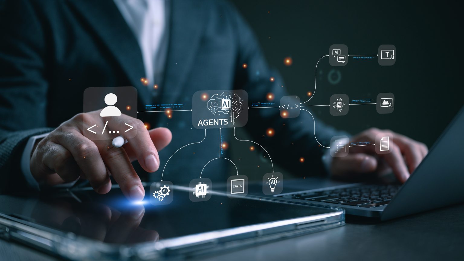 AI Agents Are The New Superheroes And The Founders Building Them Are The Origin Stories Nobody Is Covering Person in business attire uses a tablet and laptop with virtual AI agent icons and data flow graphics overlaid, representing artificial intelligence and automation technology.