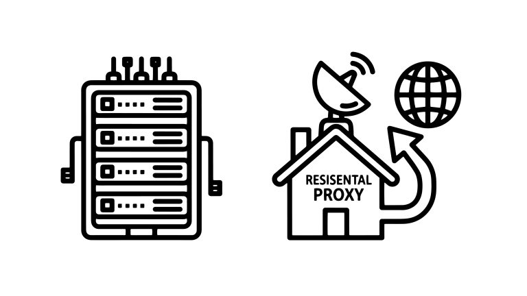 Line drawing of a server on the left and a house labeled "RESIDENTIAL PROXY" with a satellite dish and globe on the right.
