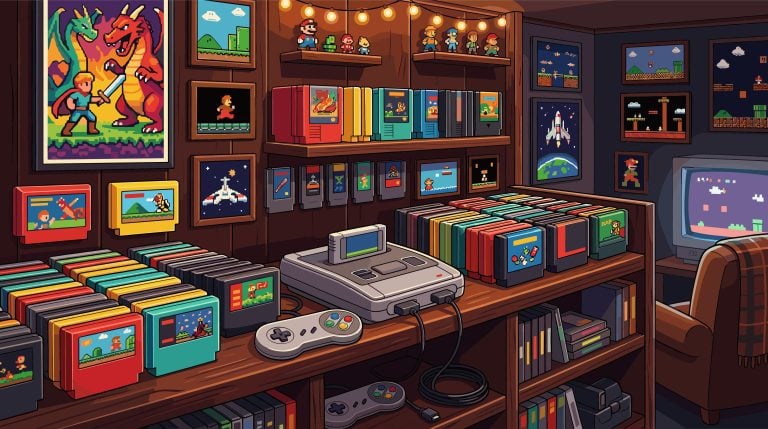 A room with shelves full of retro video game cartridges, a vintage game console, framed game art, and a CRT TV showing an 8-bit game.